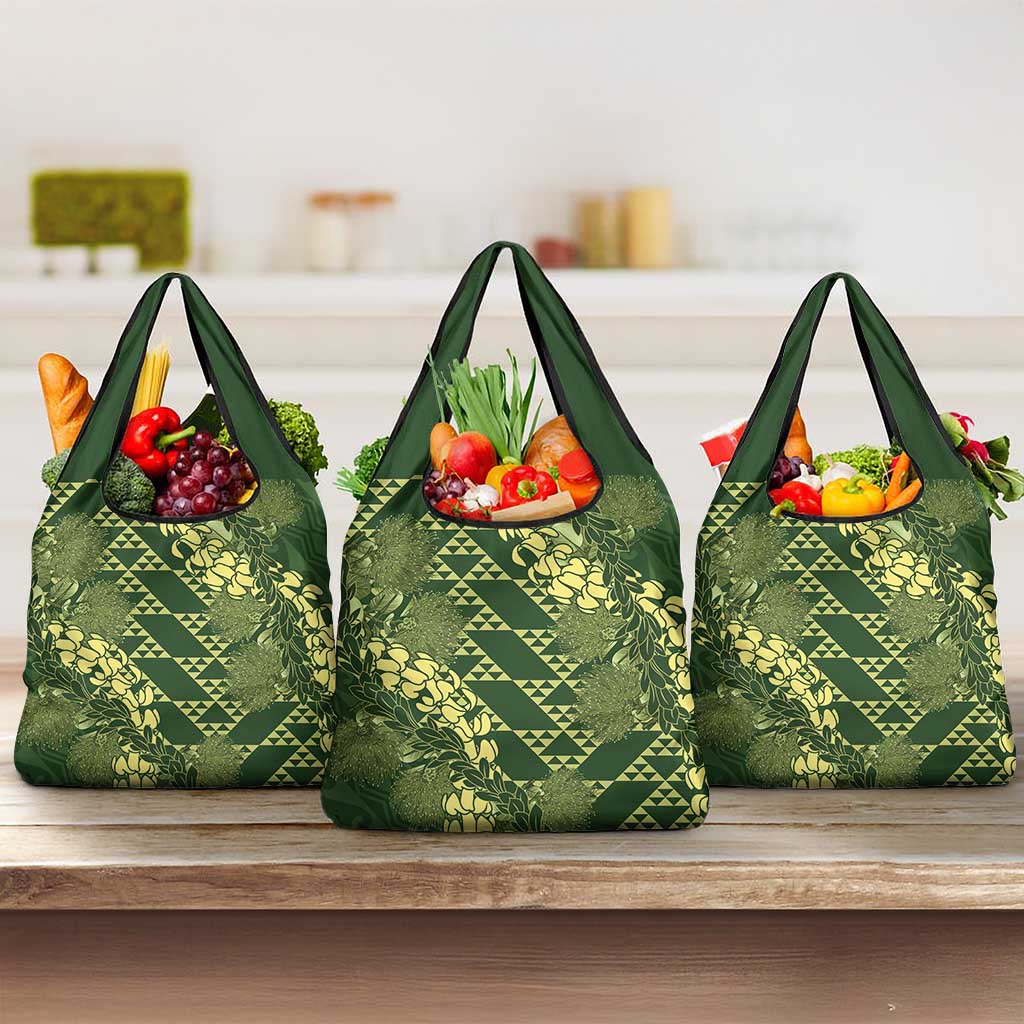 Green Aloha Hawaii Grocery Bag Hawaiian Kakau Ohia Lehua Lei LT14 3-pack One Size Green - Polynesian Pride