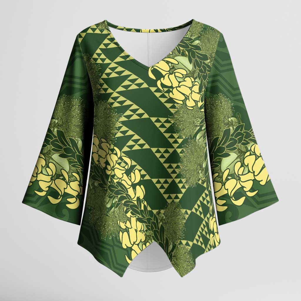 Green Aloha Hawaii Kimono Sleeve Blouse Hawaiian Kakau Ohia Lehua Lei - Polynesian Pride