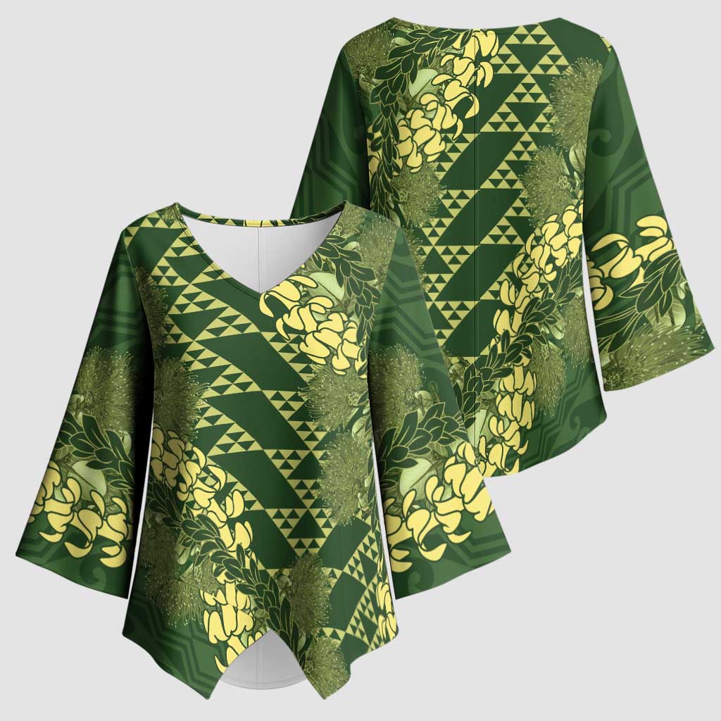 Green Aloha Hawaii Kimono Sleeve Blouse Hawaiian Kakau Ohia Lehua Lei - Polynesian Pride
