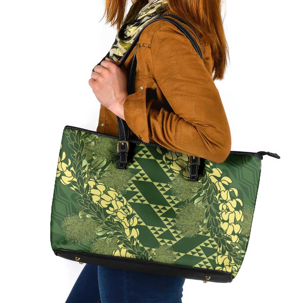 Green Aloha Hawaii Leather Tote Bag Hawaiian Kakau Ohia Lehua Lei - Polynesian Pride