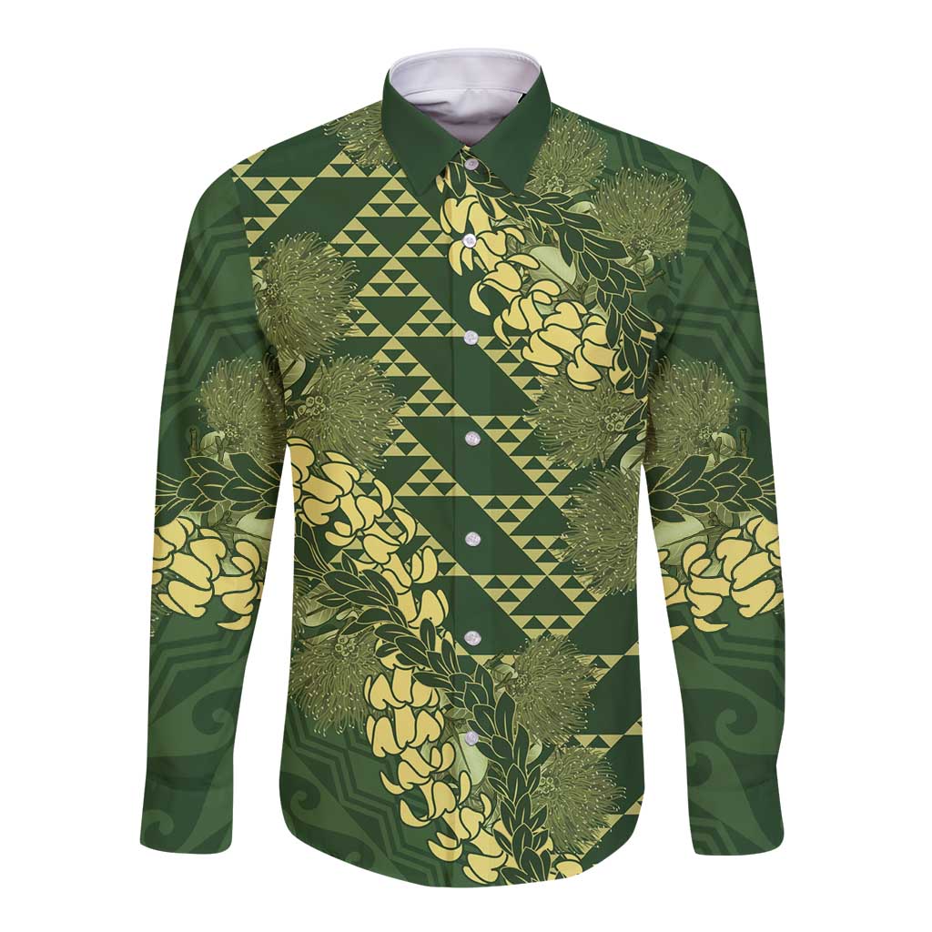 Green Aloha Hawaii Long Sleeve Button Shirt Hawaiian Kakau Ohia Lehua Lei LT14 Unisex Green - Polynesian Pride