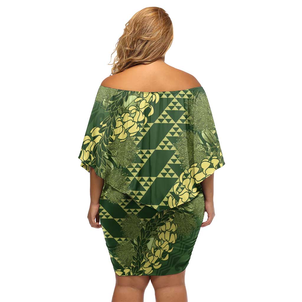 Green Aloha Hawaii Off Shoulder Short Dress Hawaiian Kakau Ohia Lehua Lei - Polynesian Pride