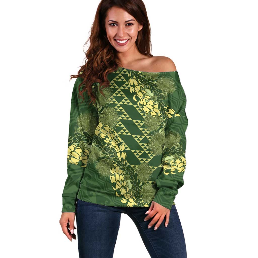 Green Aloha Hawaii Off Shoulder Sweater Hawaiian Kakau Ohia Lehua Lei - Polynesian Pride