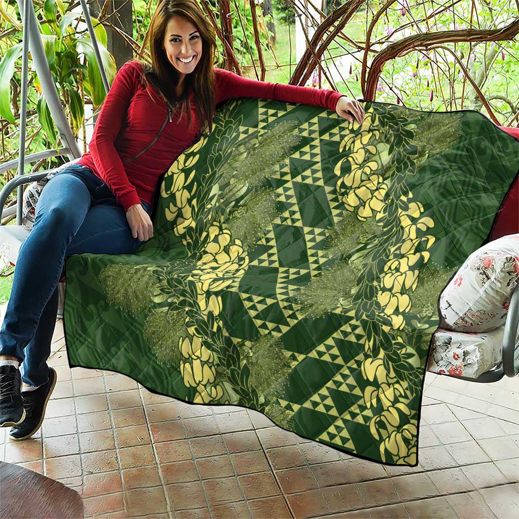 Green Aloha Hawaii Quilt Hawaiian Kakau Ohia Lehua Lei - Polynesian Pride