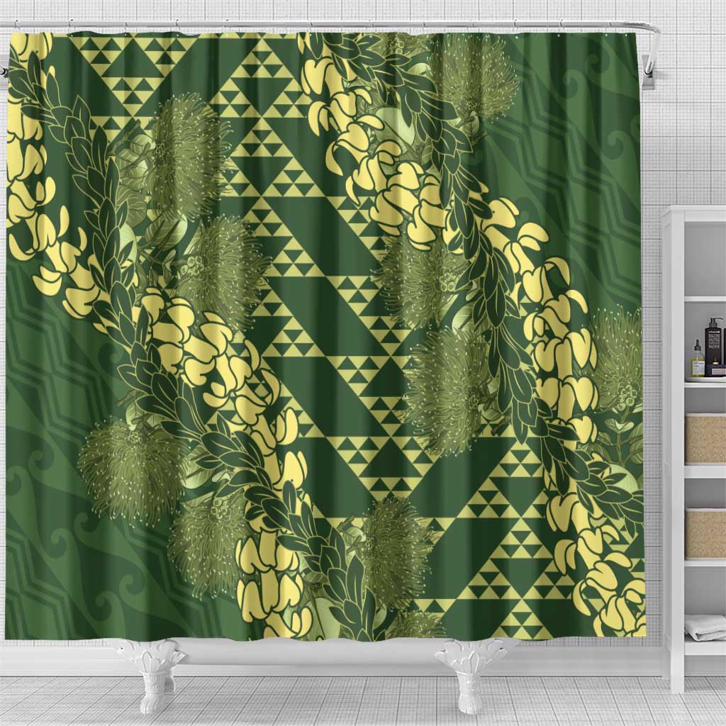 Green Aloha Hawaii Shower Curtain Hawaiian Kakau Ohia Lehua Lei - Polynesian Pride