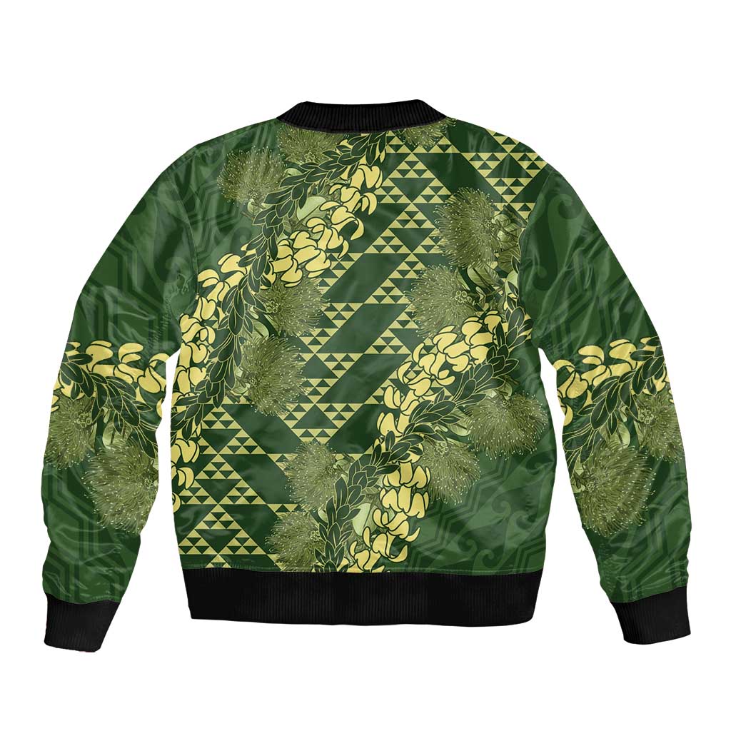 Green Aloha Hawaii Sleeve Zip Bomber Jacket Hawaiian Kakau Ohia Lehua Lei - Polynesian Pride