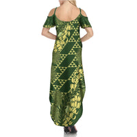 Green Aloha Hawaii Summer Maxi Dress Hawaiian Kakau Ohia Lehua Lei - Polynesian Pride