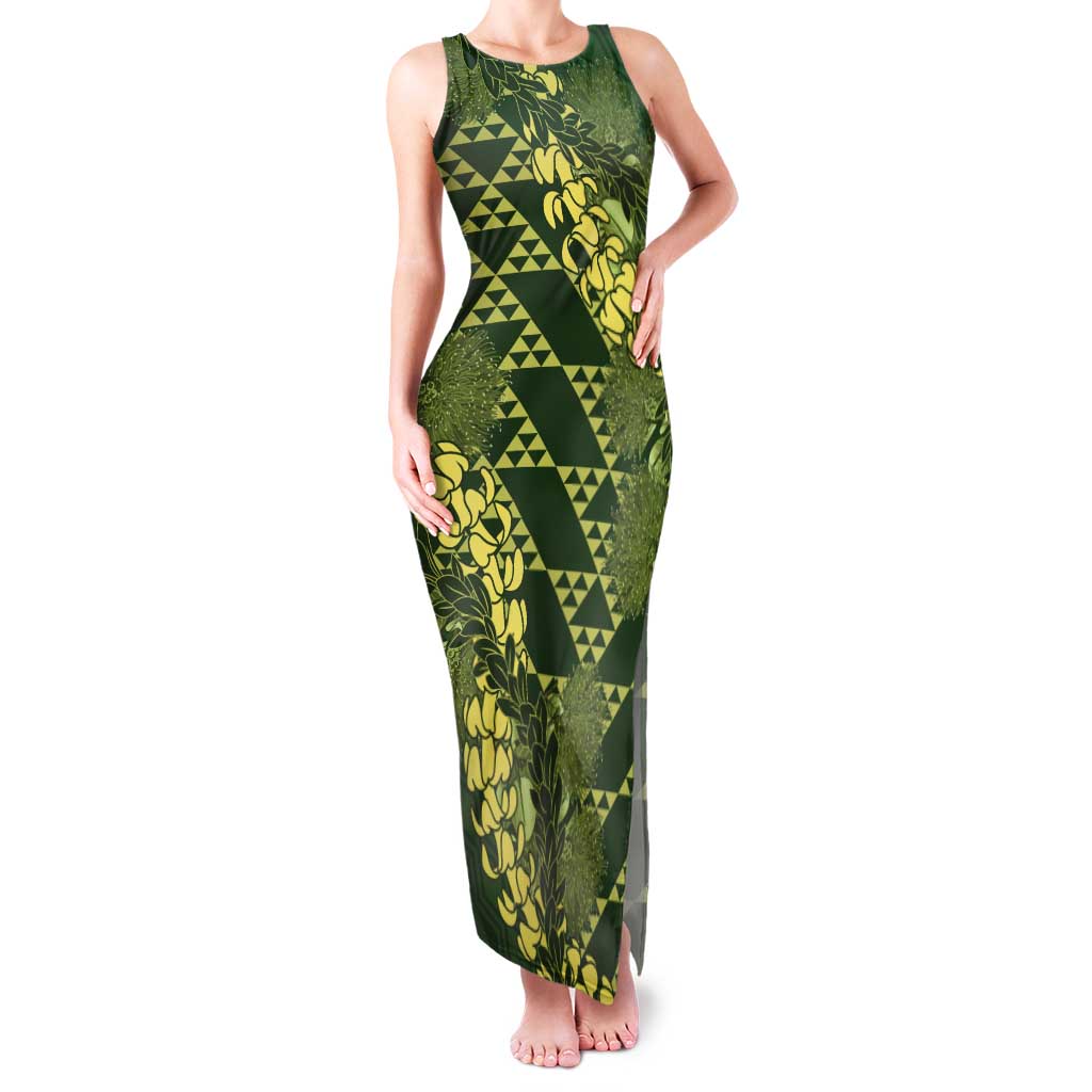 Green Aloha Hawaii Tank Maxi Dress Hawaiian Kakau Ohia Lehua Lei - Polynesian Pride