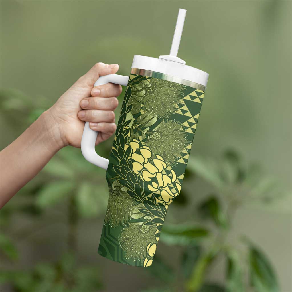 Green Aloha Hawaii Tumbler With Handle Hawaiian Kakau Ohia Lehua Lei - Polynesian Pride