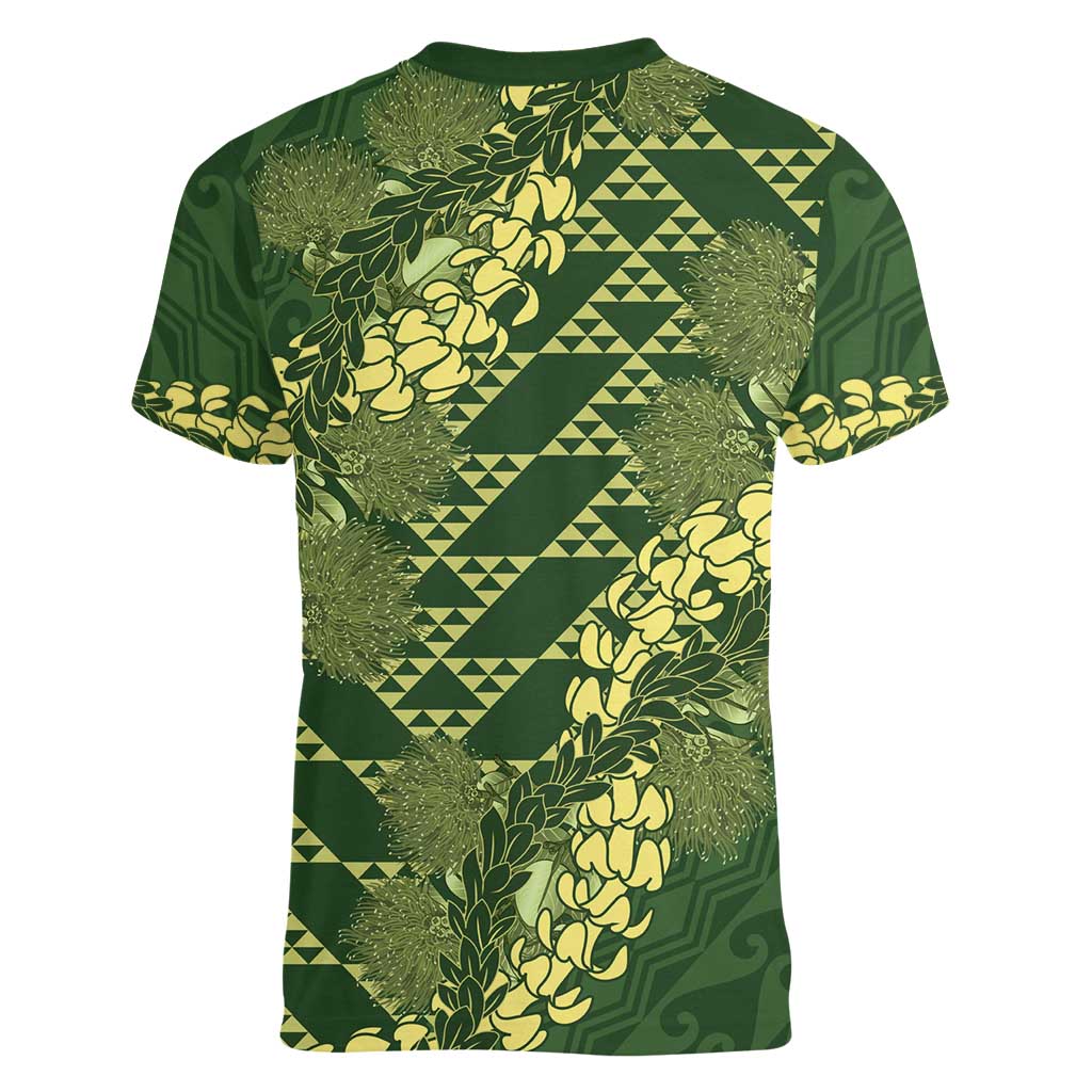 Green Aloha Hawaii Women V-Neck T-Shirt Hawaiian Kakau Ohia Lehua Lei - Polynesian Pride