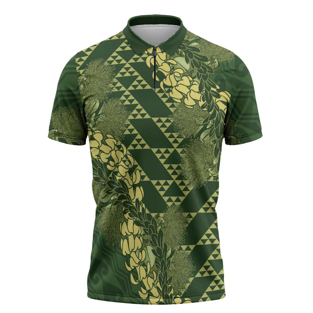 Green Aloha Hawaii Zipper Polo Shirt Hawaiian Kakau Ohia Lehua Lei - Polynesian Pride