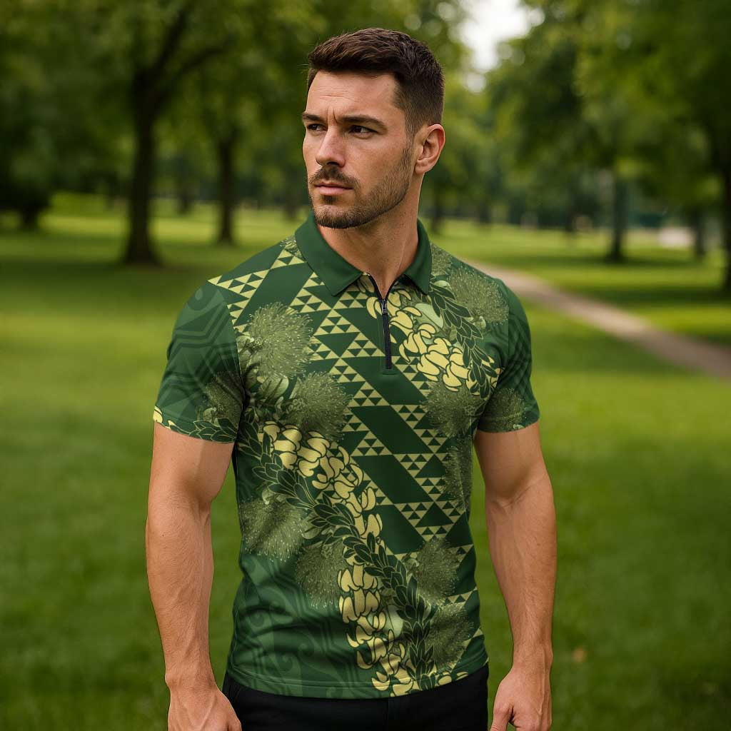 Green Aloha Hawaii Zipper Polo Shirt Hawaiian Kakau Ohia Lehua Lei - Polynesian Pride