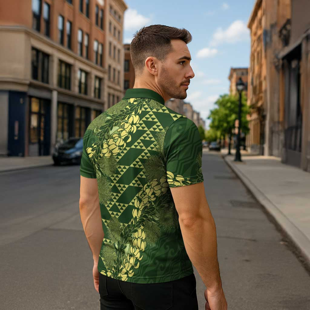 Green Aloha Hawaii Zipper Polo Shirt Hawaiian Kakau Ohia Lehua Lei - Polynesian Pride
