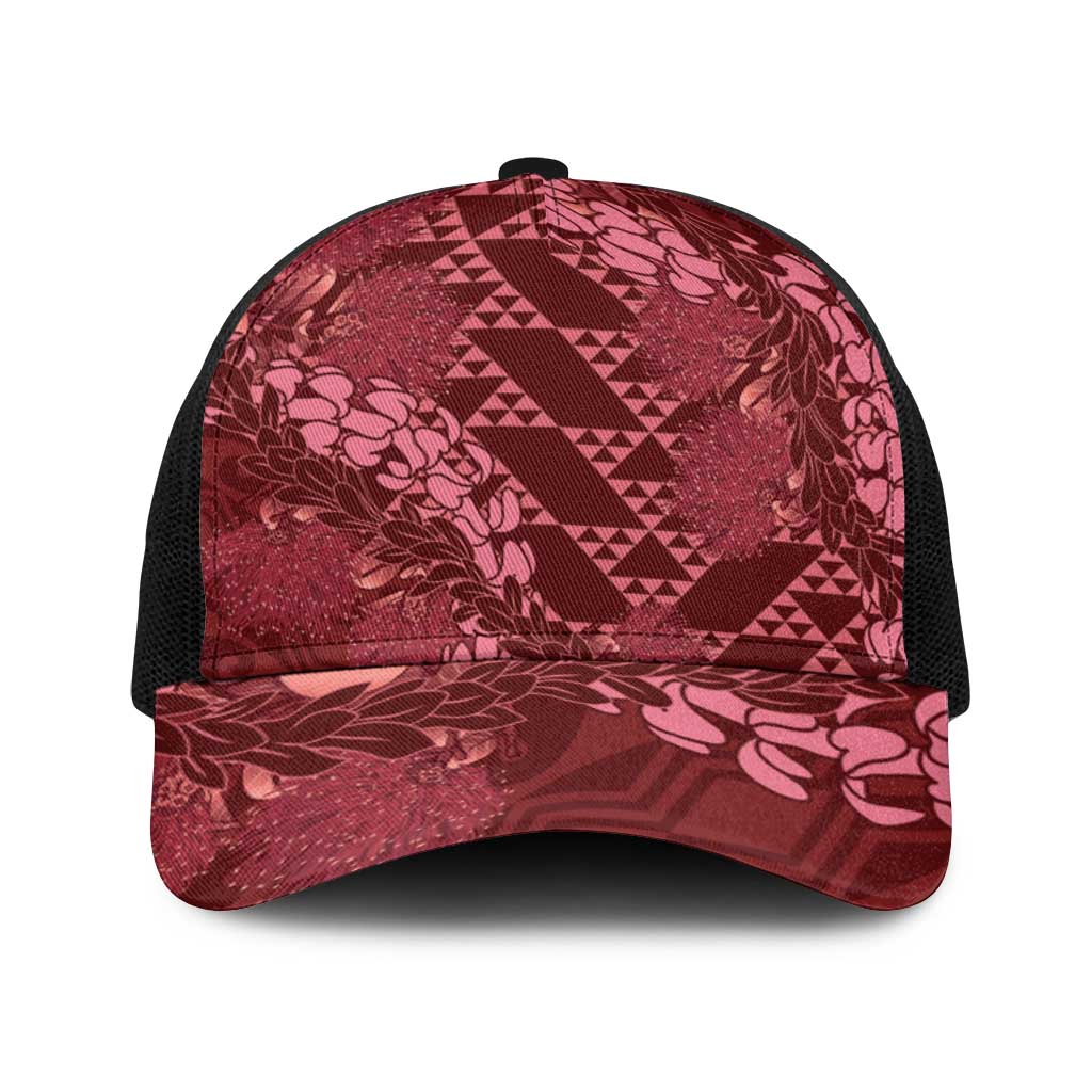 Maroon Aloha Hawaii Baseball Net Cap Hawaiian Kakau Ohia Lehua Lei - Polynesian Pride
