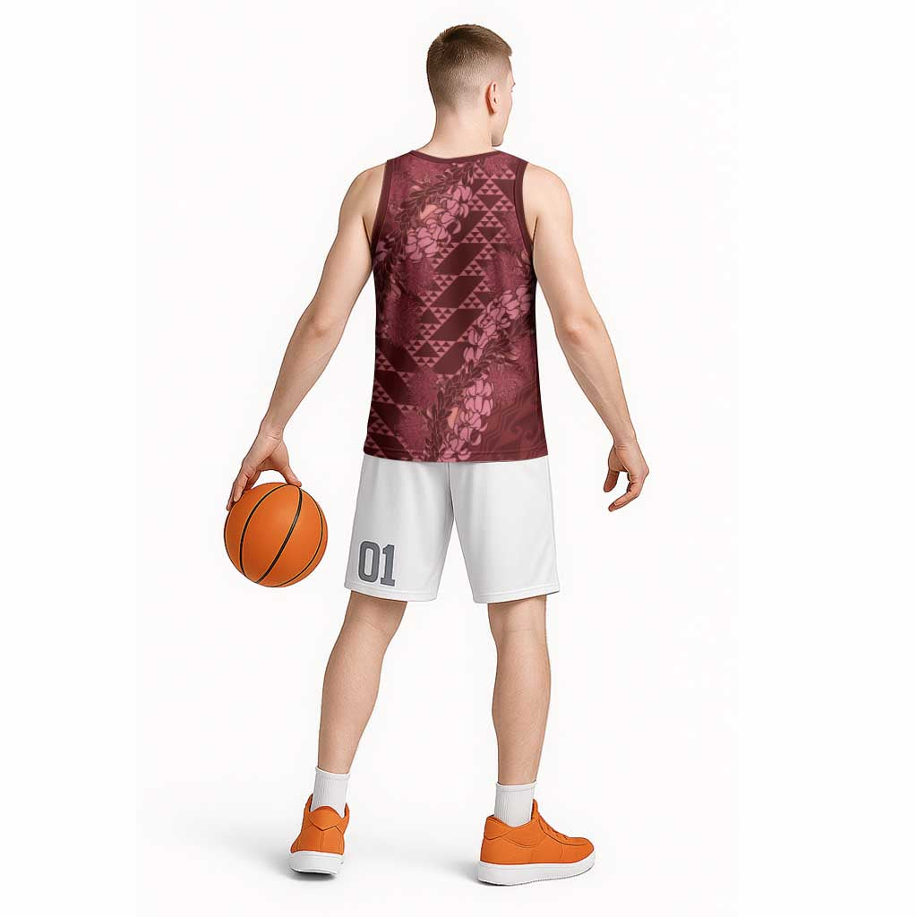 Maroon Aloha Hawaii Basketball Jersey Hawaiian Kakau Ohia Lehua Lei - Polynesian Pride