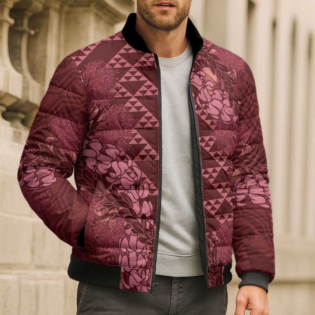 Maroon Aloha Hawaii Bomber Puffer Jacket Hawaiian Kakau Ohia Lehua Lei - Polynesian Pride
