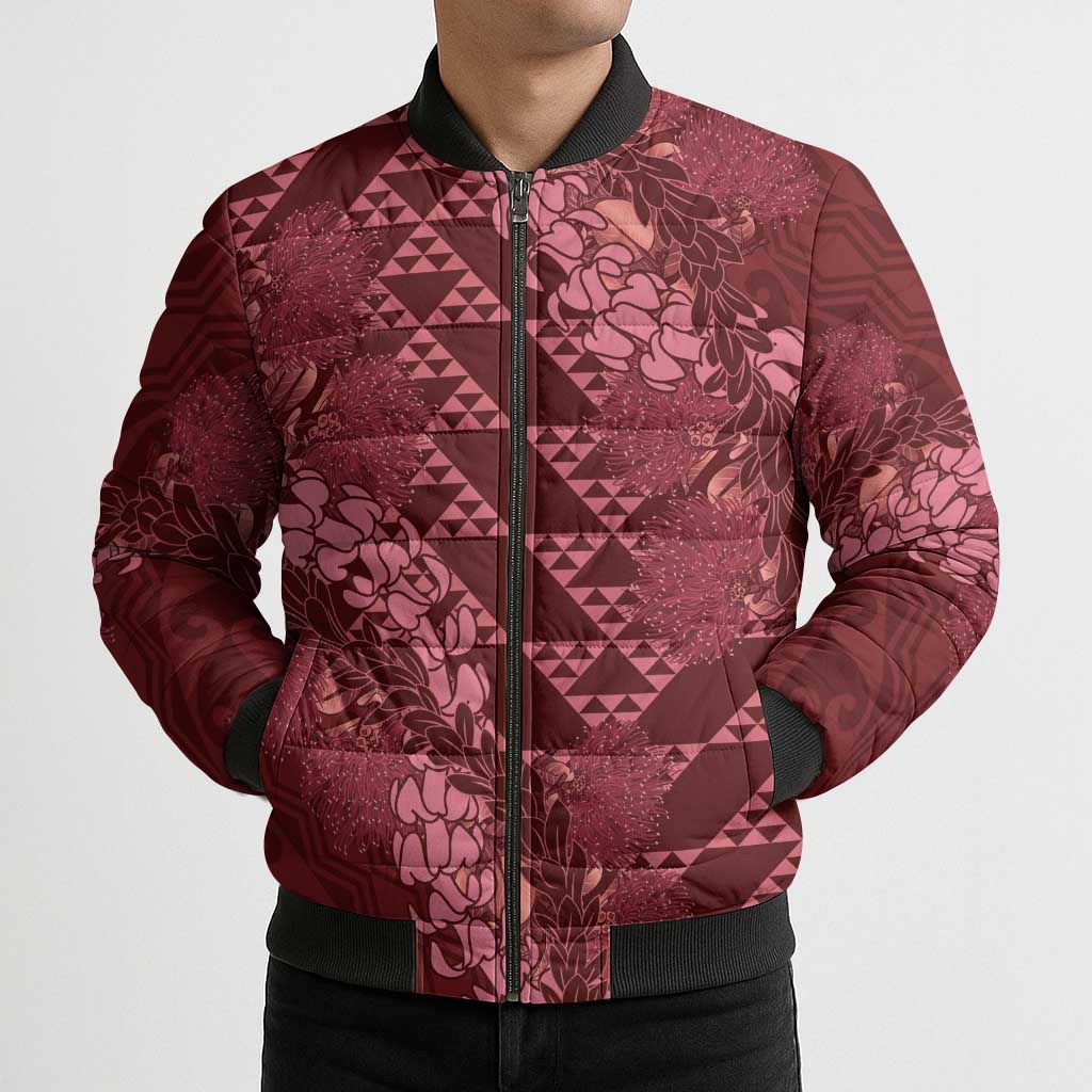 Maroon Aloha Hawaii Bomber Puffer Jacket Hawaiian Kakau Ohia Lehua Lei - Polynesian Pride