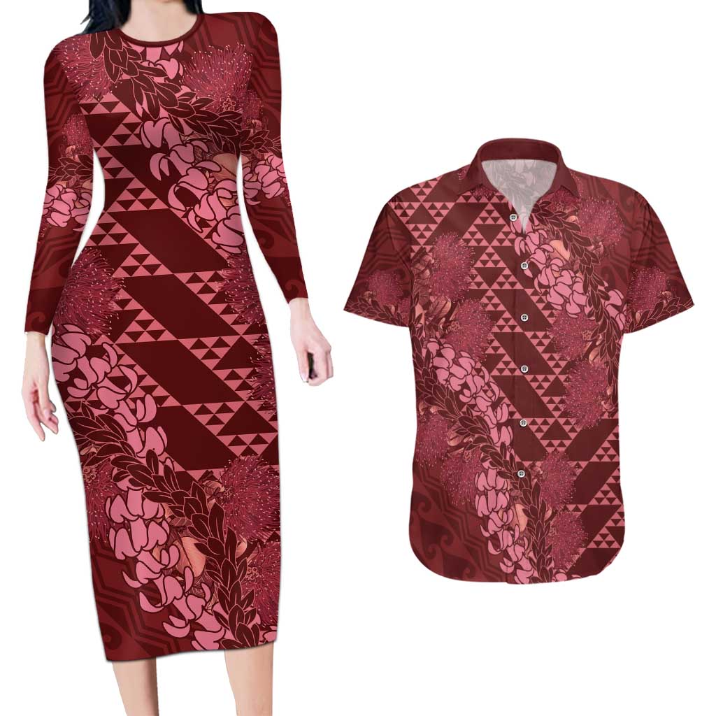 Maroon Aloha Hawaii Couples Matching Long Sleeve Bodycon Dress and Hawaiian Shirt Hawaiian Kakau Ohia Lehua Lei - Polynesian Pride