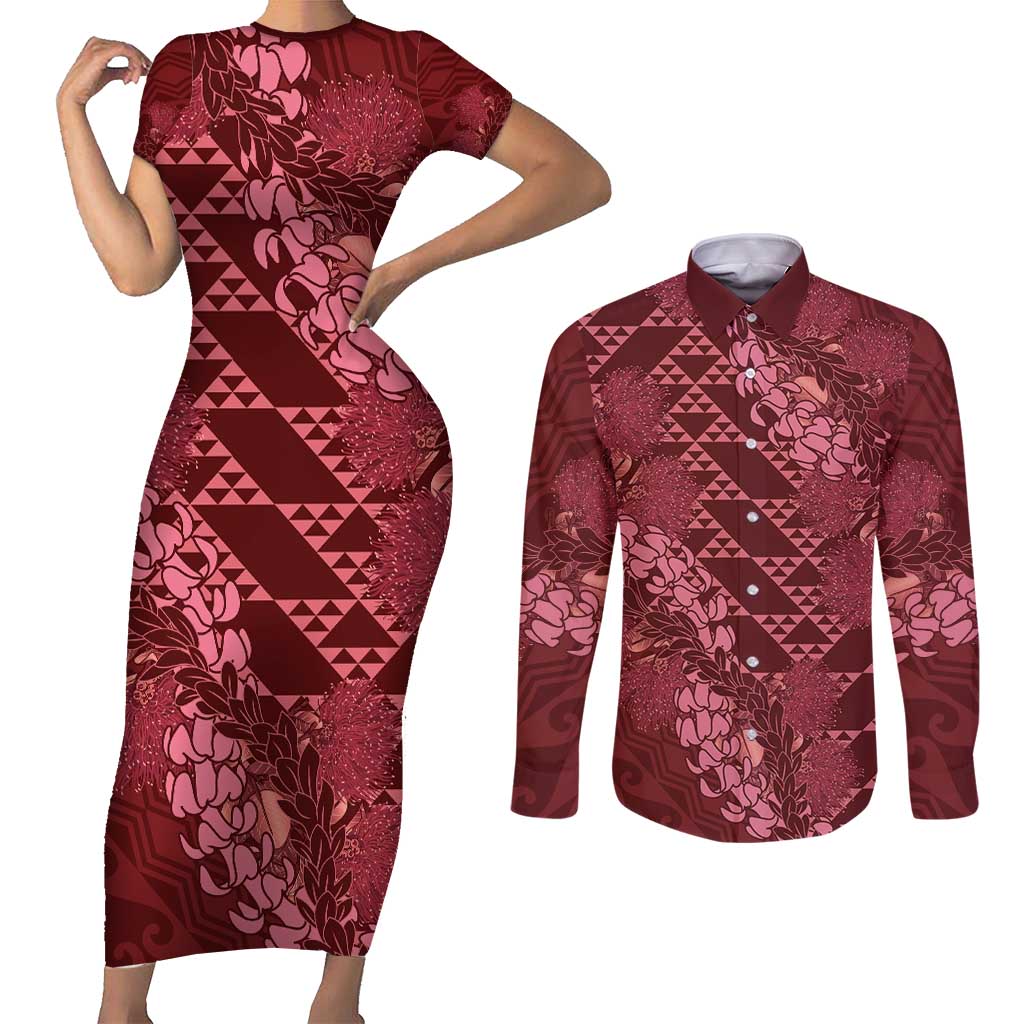 Maroon Aloha Hawaii Couples Matching Short Sleeve Bodycon Dress and Long Sleeve Button Shirt Hawaiian Kakau Ohia Lehua Lei - Polynesian Pride