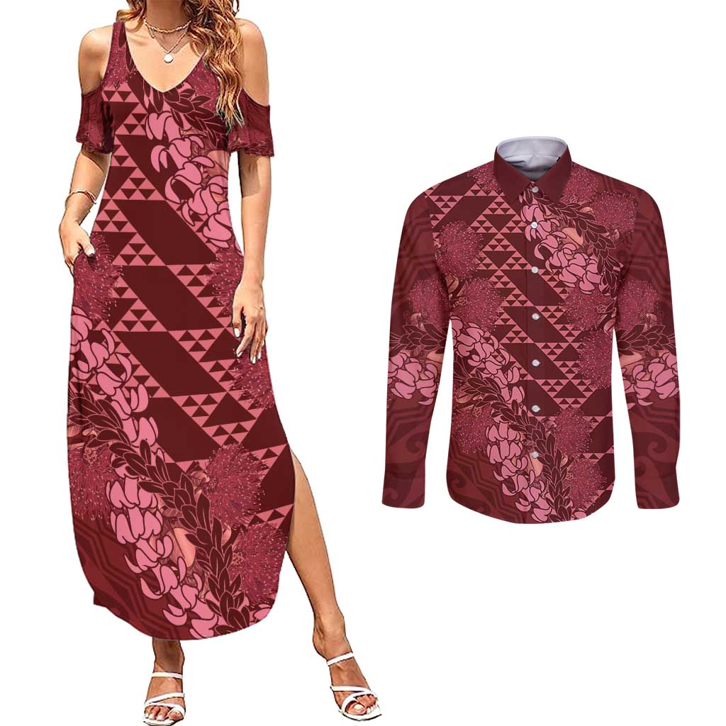 Maroon Aloha Hawaii Couples Matching Summer Maxi Dress and Long Sleeve Button Shirt Hawaiian Kakau Ohia Lehua Lei - Polynesian Pride