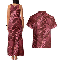 Maroon Aloha Hawaii Couples Matching Tank Maxi Dress and Hawaiian Shirt Hawaiian Kakau Ohia Lehua Lei - Polynesian Pride