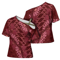 Maroon Aloha Hawaii Cross Shoulder Shirt Hawaiian Kakau Ohia Lehua Lei - Polynesian Pride