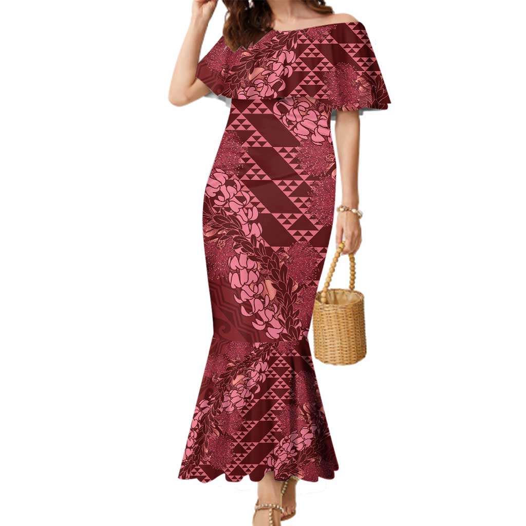 Maroon Aloha Hawaii Family Matching Mermaid Dress and Hawaiian Shirt Hawaiian Kakau Ohia Lehua Lei - Polynesian Pride