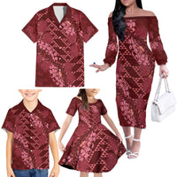 Maroon Aloha Hawaii Family Matching Off The Shoulder Long Sleeve Dress and Hawaiian Shirt Hawaiian Kakau Ohia Lehua Lei - Polynesian Pride