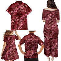 Maroon Aloha Hawaii Family Matching Puletasi and Hawaiian Shirt Hawaiian Kakau Ohia Lehua Lei - Polynesian Pride