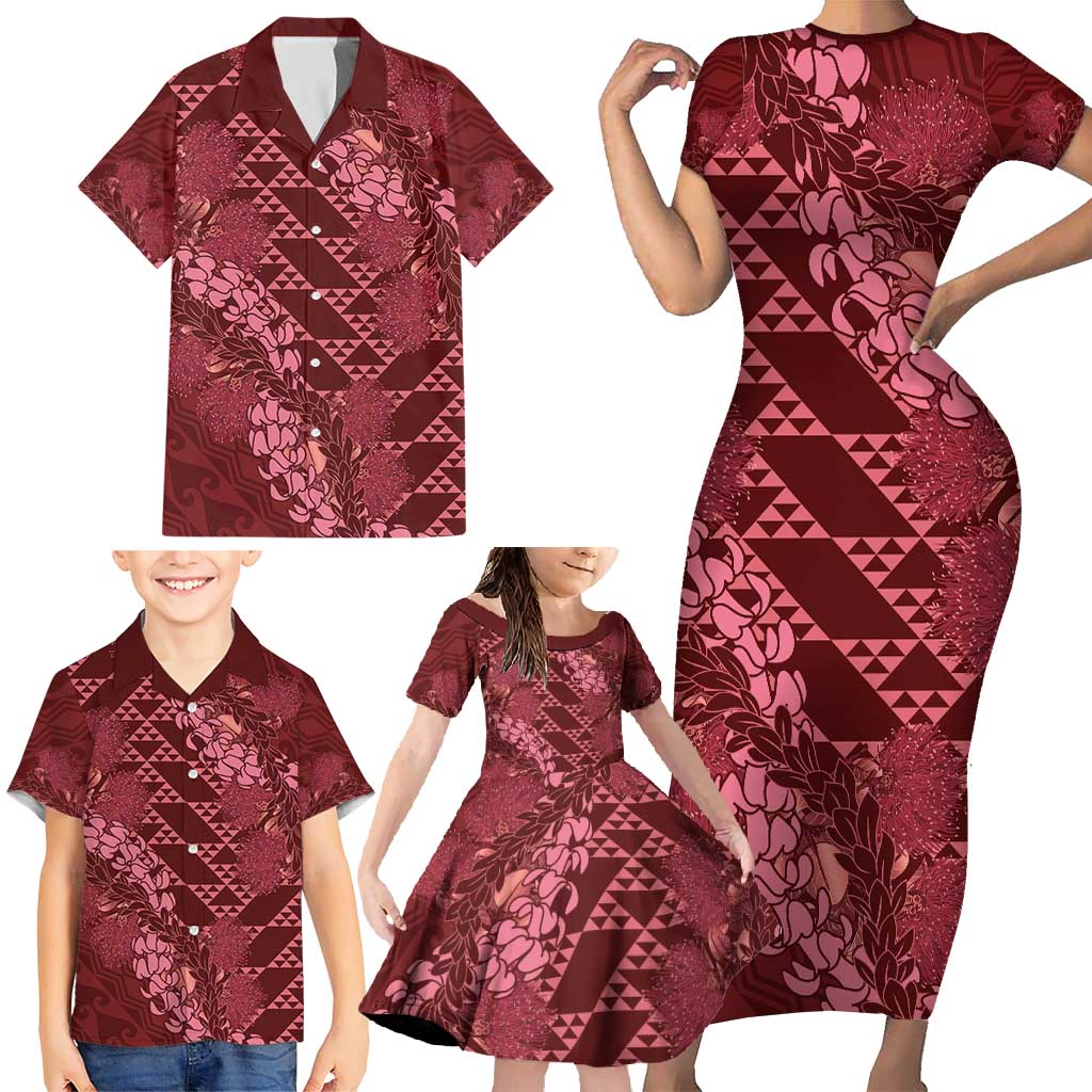 Maroon Aloha Hawaii Family Matching Short Sleeve Bodycon Dress and Hawaiian Shirt Hawaiian Kakau Ohia Lehua Lei - Polynesian Pride