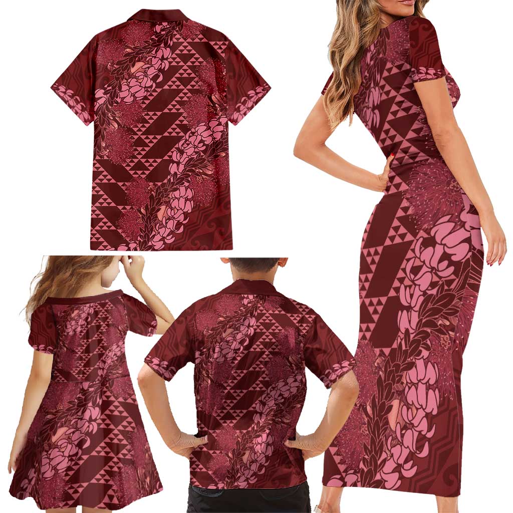 Maroon Aloha Hawaii Family Matching Short Sleeve Bodycon Dress and Hawaiian Shirt Hawaiian Kakau Ohia Lehua Lei - Polynesian Pride