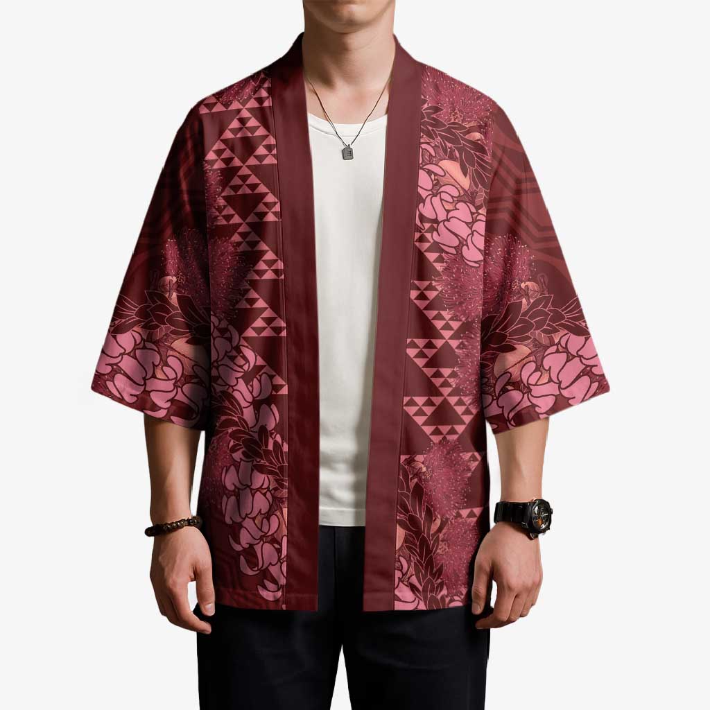 Maroon Aloha Hawaii Kimono Hawaiian Kakau Ohia Lehua Lei - Polynesian Pride