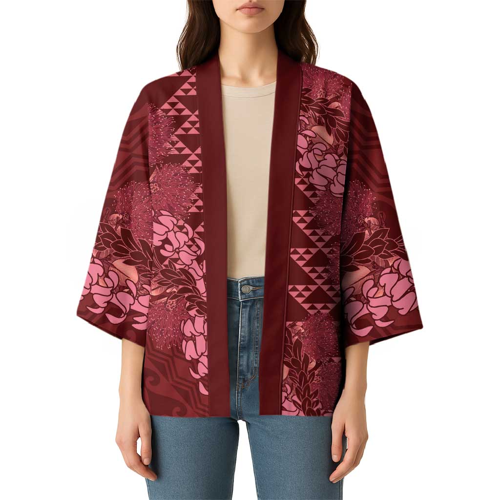Maroon Aloha Hawaii Kimono Hawaiian Kakau Ohia Lehua Lei - Polynesian Pride