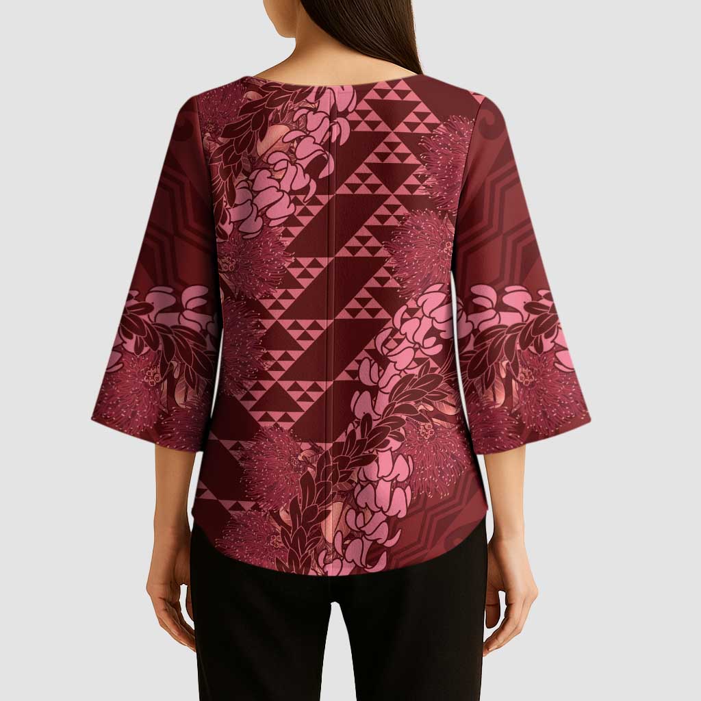 Maroon Aloha Hawaii Kimono Sleeve Blouse Hawaiian Kakau Ohia Lehua Lei - Polynesian Pride