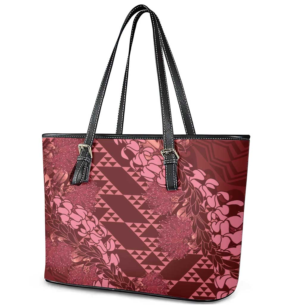 Maroon Aloha Hawaii Leather Tote Bag Hawaiian Kakau Ohia Lehua Lei - Polynesian Pride