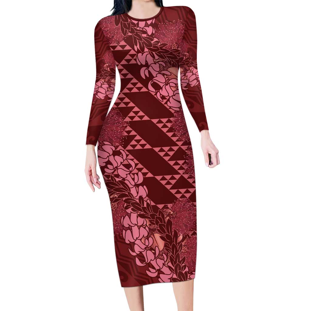 Maroon Aloha Hawaii Long Sleeve Bodycon Dress Hawaiian Kakau Ohia Lehua Lei - Polynesian Pride
