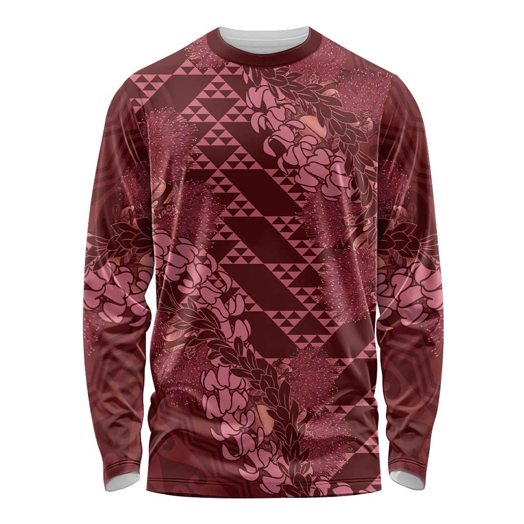 Maroon Aloha Hawaii Long Sleeve Shirt Hawaiian Kakau Ohia Lehua Lei - Polynesian Pride