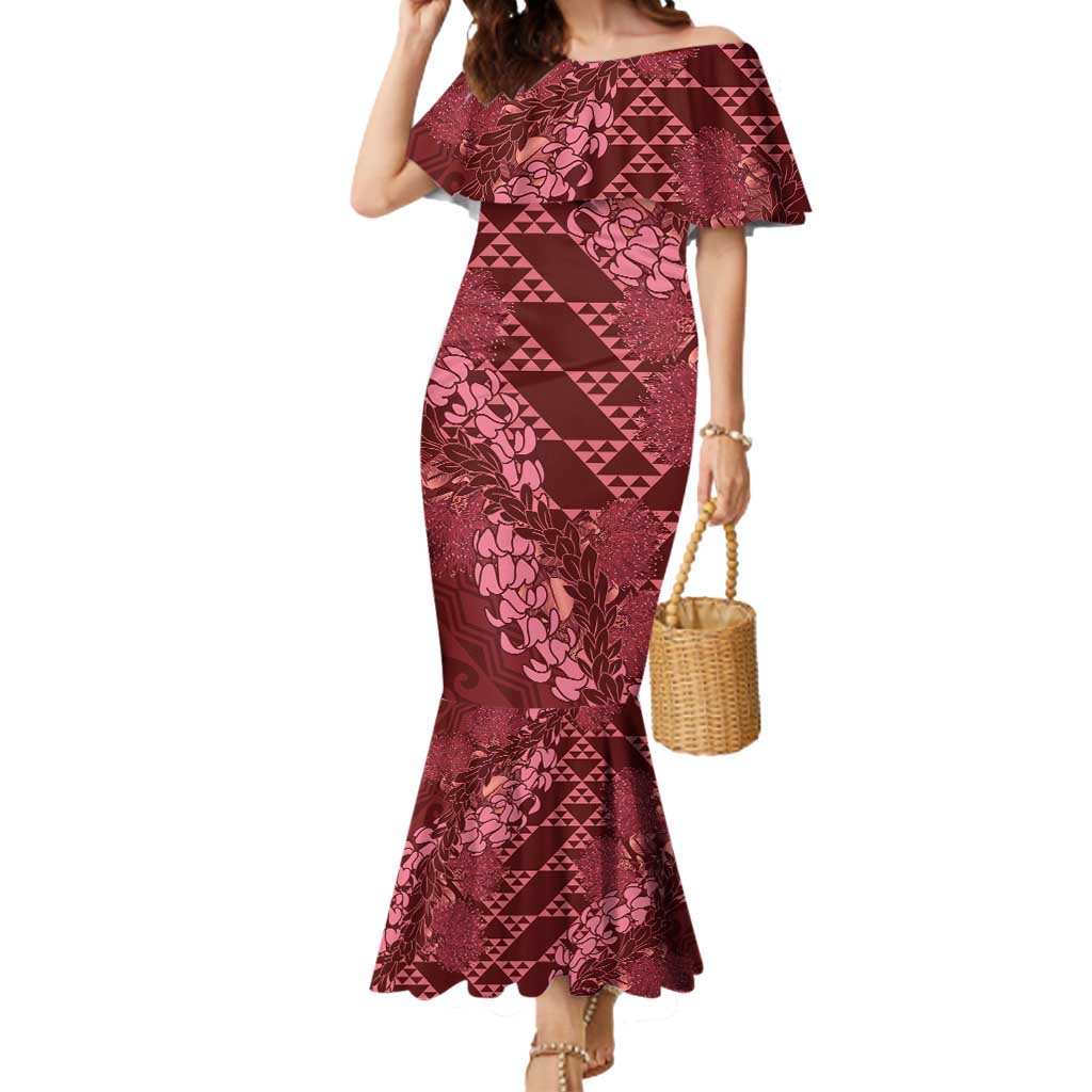 Maroon Aloha Hawaii Mermaid Dress Hawaiian Kakau Ohia Lehua Lei - Polynesian Pride