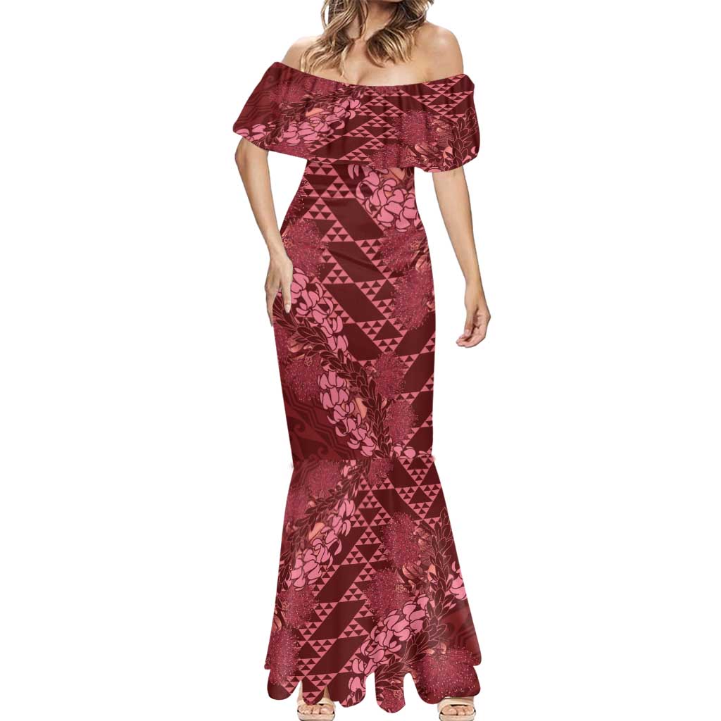 Maroon Aloha Hawaii Mermaid Dress Hawaiian Kakau Ohia Lehua Lei - Polynesian Pride