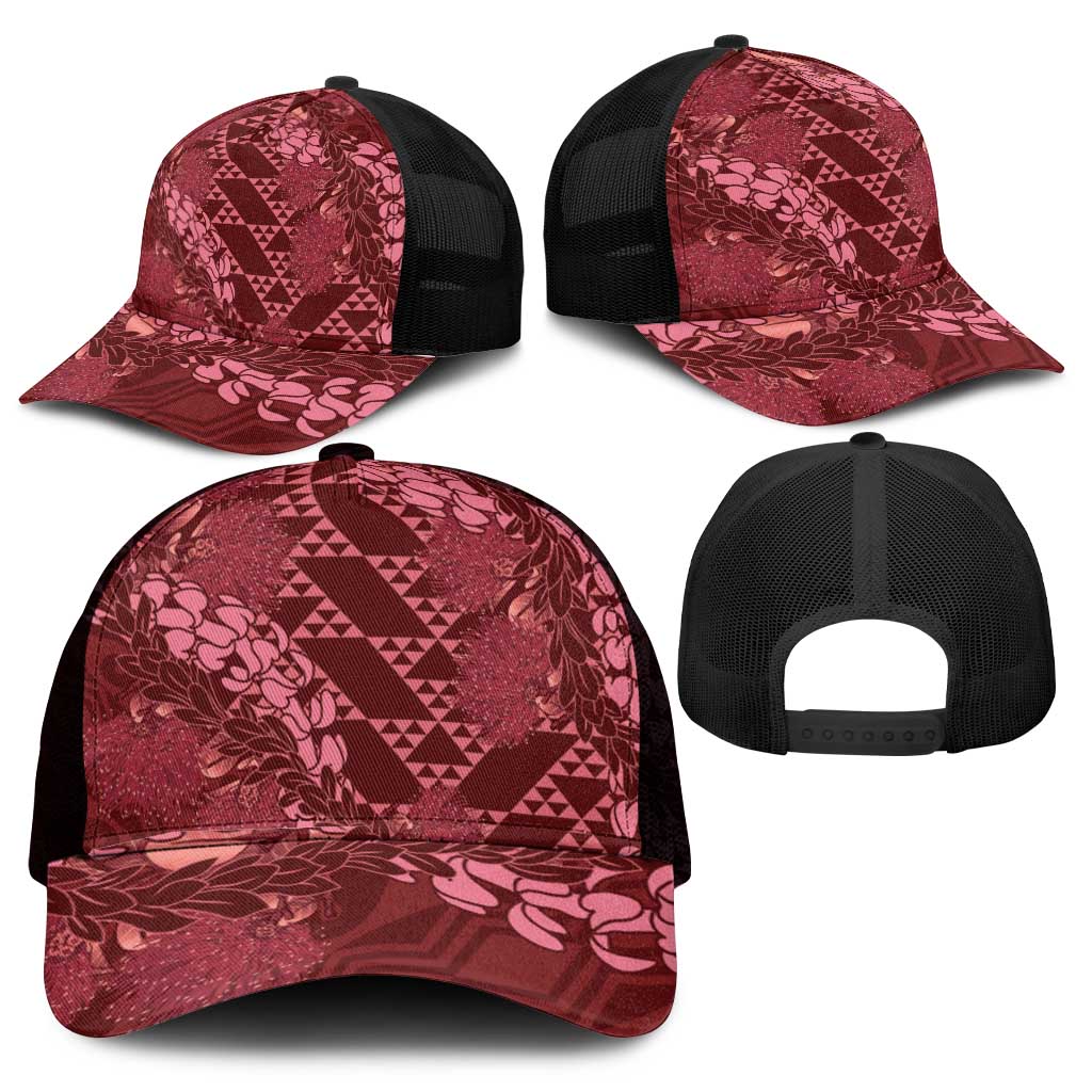 Maroon Aloha Hawaii Mesh Trucker Cap Hawaiian Kakau Ohia Lehua Lei - Polynesian Pride