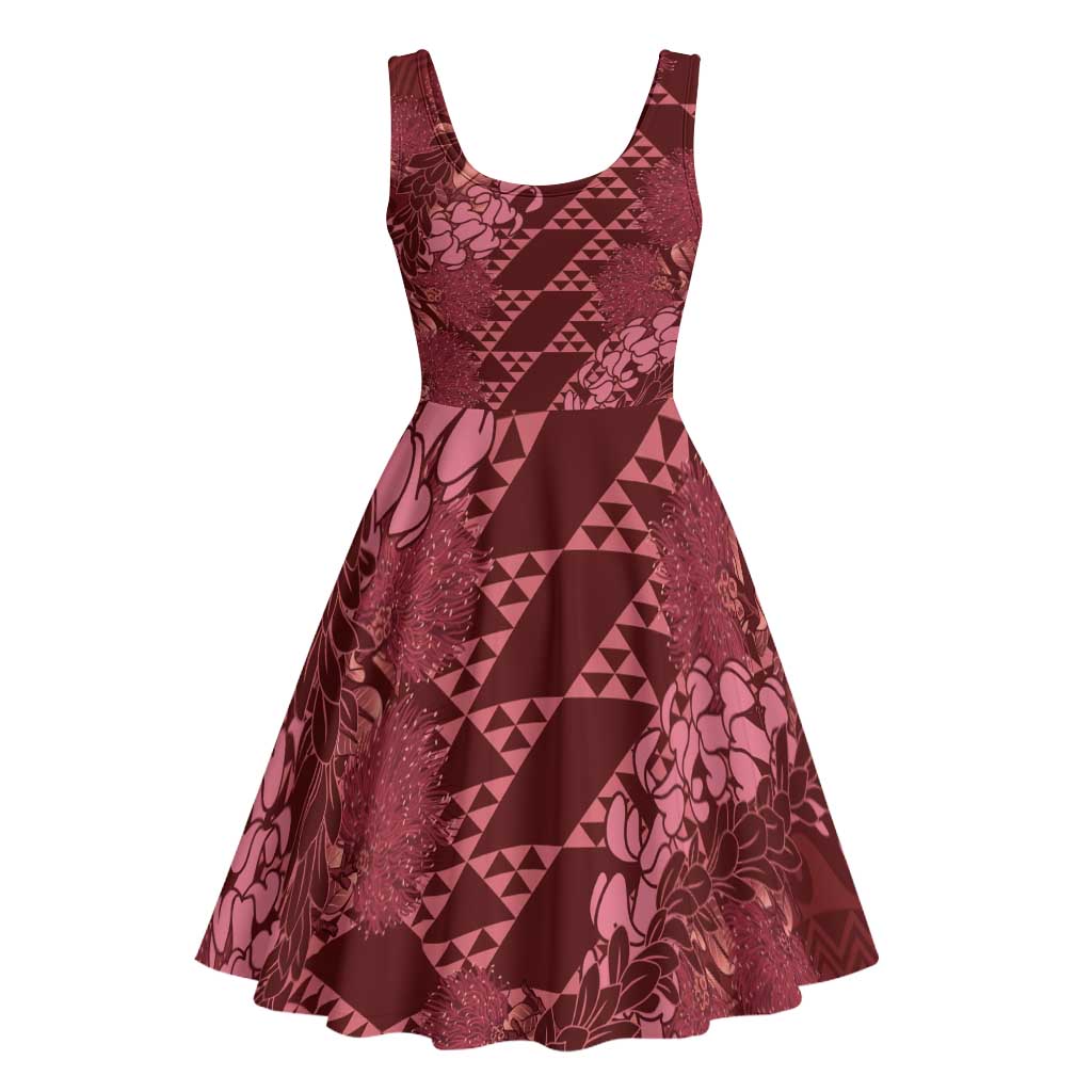 Maroon Aloha Hawaii Midi Dress Hawaiian Kakau Ohia Lehua Lei - Polynesian Pride