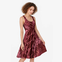 Maroon Aloha Hawaii Midi Dress Hawaiian Kakau Ohia Lehua Lei - Polynesian Pride