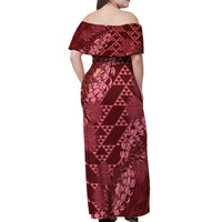 Maroon Aloha Hawaii Off Shoulder Maxi Dress Hawaiian Kakau Ohia Lehua Lei - Polynesian Pride