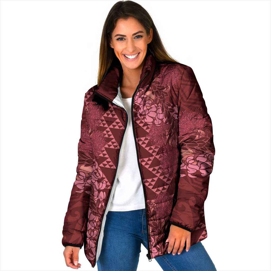 Maroon Aloha Hawaii Padded Jacket Hawaiian Kakau Ohia Lehua Lei - Polynesian Pride