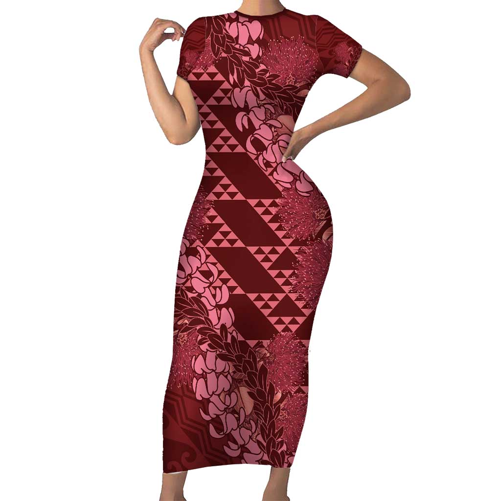 Maroon Aloha Hawaii Short Sleeve Bodycon Dress Hawaiian Kakau Ohia Lehua Lei - Polynesian Pride