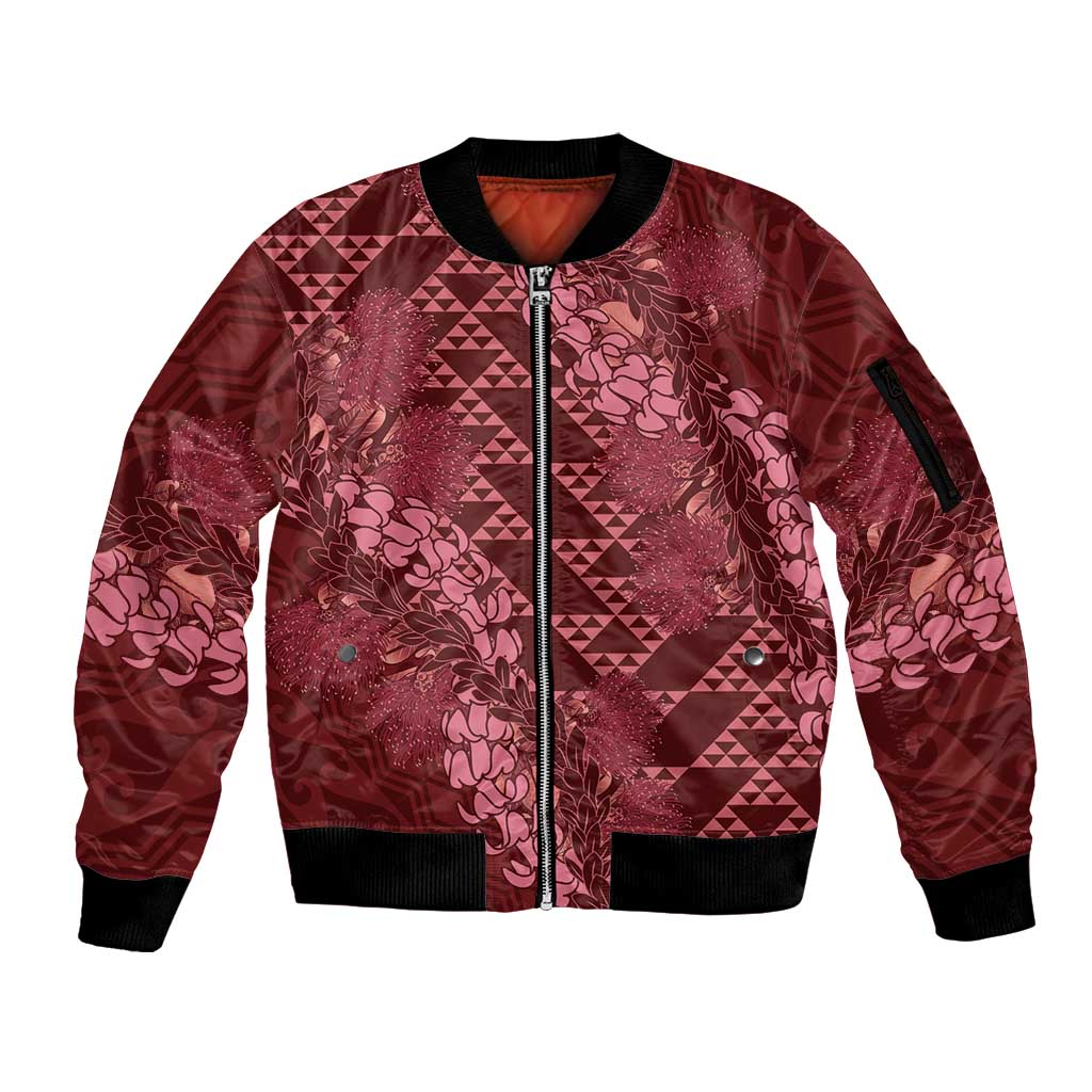 Maroon Aloha Hawaii Sleeve Zip Bomber Jacket Hawaiian Kakau Ohia Lehua Lei - Polynesian Pride