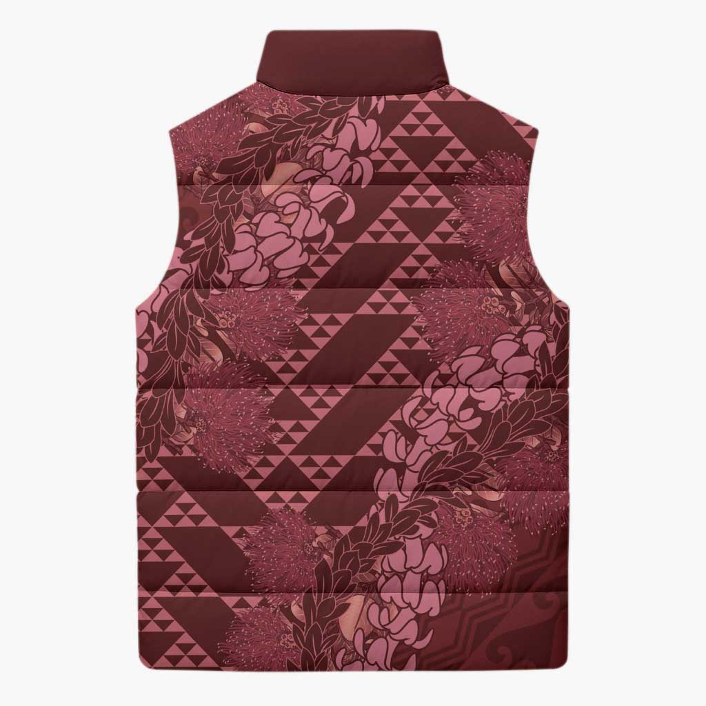Maroon Aloha Hawaii Sleeveless Puffer Jacket Hawaiian Kakau Ohia Lehua Lei - Polynesian Pride