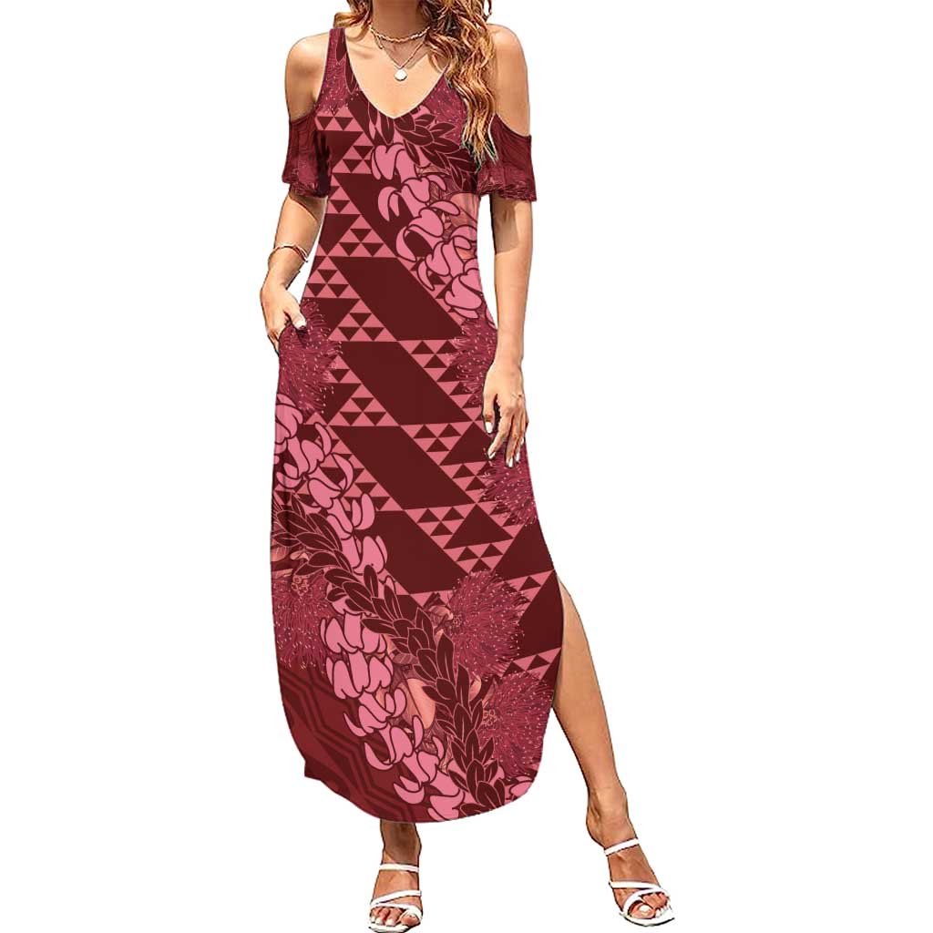 Maroon Aloha Hawaii Summer Maxi Dress Hawaiian Kakau Ohia Lehua Lei - Polynesian Pride