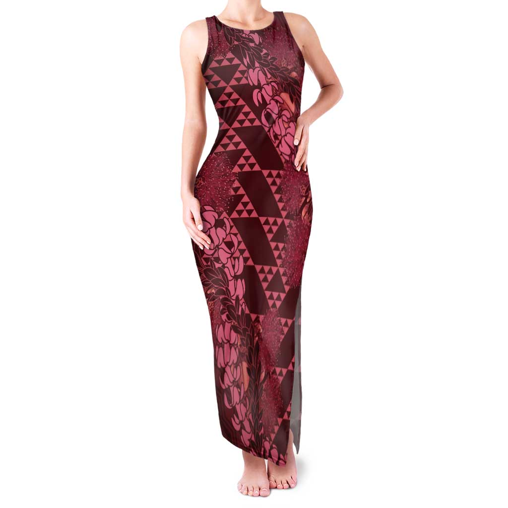 Maroon Aloha Hawaii Tank Maxi Dress Hawaiian Kakau Ohia Lehua Lei - Polynesian Pride