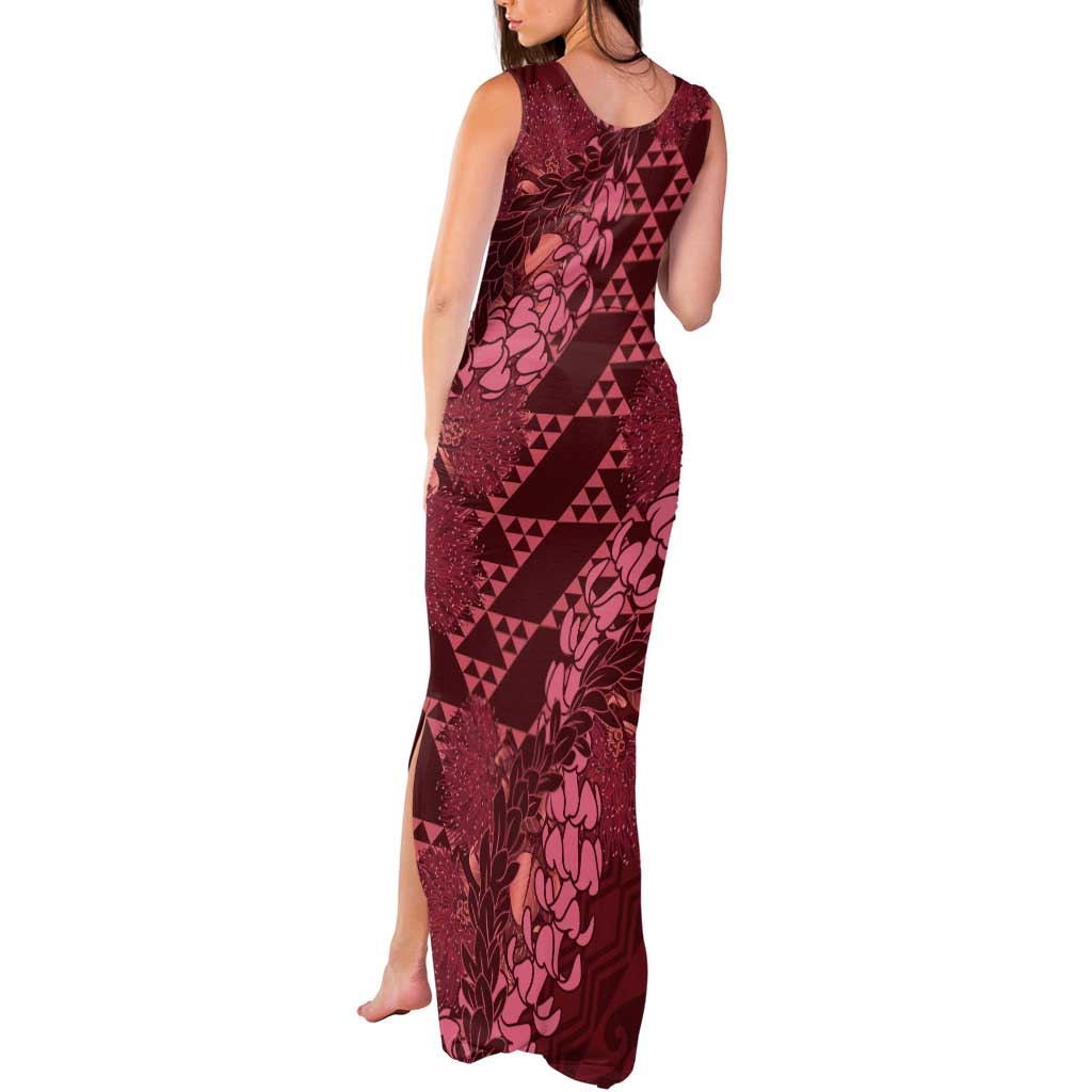 Maroon Aloha Hawaii Tank Maxi Dress Hawaiian Kakau Ohia Lehua Lei - Polynesian Pride